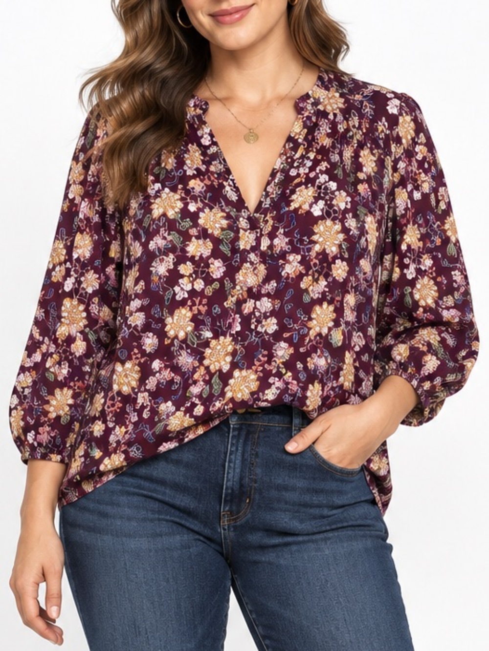 Vince Camuto Burgundy-Wine Floral V-Neck 3/4 Sleeve Boho Fall Blouse Size XXL